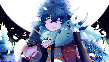 Anime boy, dragon, blue flowers, original, artwork HD wallpaper