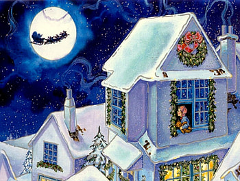 Christmas Wish, night, full moon, window, house, girl, garland, snowflakes, sleigh, moon, santa, wreath HD wallpaper