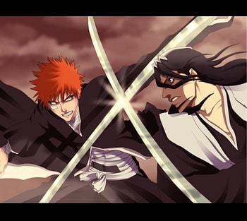 Ichigo VS Byakuya, ichigo, fighting, orange hair, g, fight, ichigo kurosaki, shinigami, bleach, kurosaki ichigo, soul reapers, weapons, black hair, swords, anime, battle, katana, spiky hair HD wallpaper