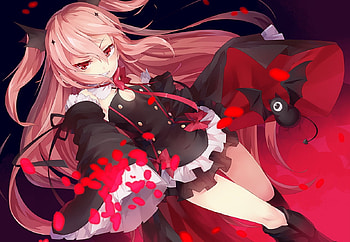 Kururu Tepes, cute, bat, long hair, dress, beauty, lady, petals, female, wings, sweet, girl, beautiful, pink hair, vampire, anime girl, anime, pretty, lovely HD wallpaper