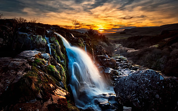 Scotland, sunset, waterfall, mountains, dusk, beautiful nature, Great Britain, United Kingdom, UK HD wallpaper