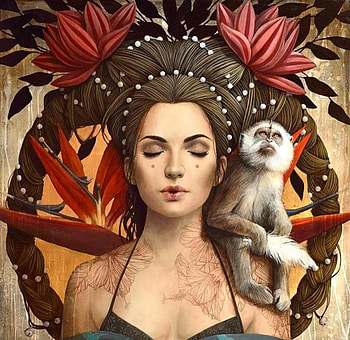 :), monkey, painting, art, sophie wilkins, red, pictura, face, girl HD wallpaper