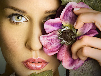 Look, model, beautiful, people, woman, pink, flower, face, lips, she, female HD wallpaper