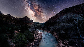 Milky Way Over Zion National Park, Utah, night, river, stars, mountains, usa, canyons HD wallpaper