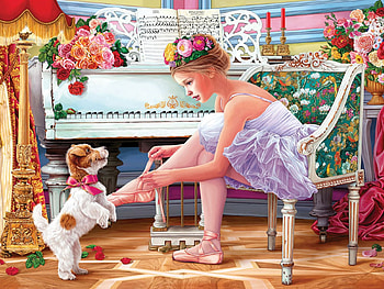 Ballerina And Her Puppy, dog, flowers, girl, art, digital HD wallpaper