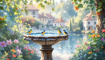 Serene Bird Bath: A Nature Escape, bird bath, fountain, bird, garden, landscape HD wallpaper