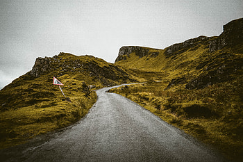 Road through hills, green, landscape, scotland HD wallpaper