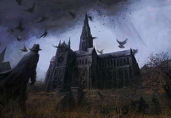 Home for Halloween, raven, season, man, church, dark HD wallpaper