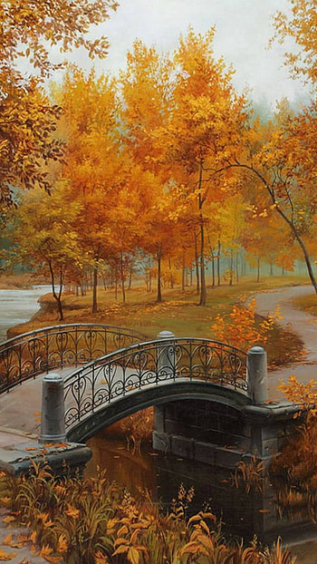 Autumn Park, bridge, tree, park, artistic, painting HD phone wallpaper