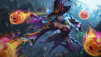 Bewitching Syndra, dark, deiv calviz, night, feiv calviz, girl, david villegas, witch, halloween, syndra, fantasy, pumpkin, luminos, hat HD wallpaper