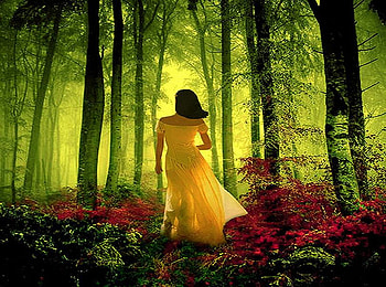 The yellow dress, sunlight, green light, yellow dress, trees, red flowers, forest, woman HD wallpaper