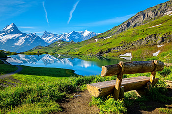 Bachalpsee Lake, Switzerland, bench, hills, landscape, beautiful, grass, spring, serenity, mountain, lake, summer, Switzerland, rest, reflection, view, sky, enjoy HD wallpaper