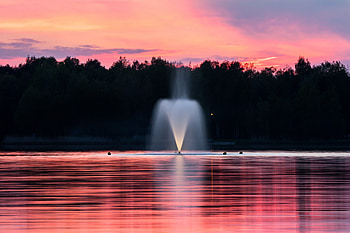 Nature, Trees, Sunset, Fountain, Lake HD wallpaper