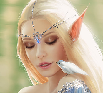 Elf princess, frumusete, bird, helena cnockaert, pasare, elf, jewel, fantasy, face, luminos, princess HD wallpaper