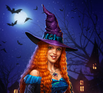 Witch, blue, bat, girl, purple, halloween, moon, vera velichko, hat HD wallpaper