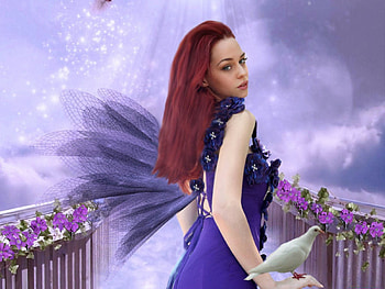 Fantasy Fairy, fairy, purple, fantasy, flowers, redhead, girl HD wallpaper