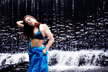 FRONT WATERFALL, blue, wet, waterfall, front, water, woman HD wallpaper