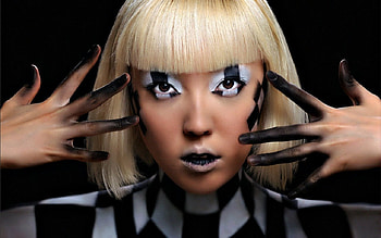 Artistic makeup, makeup, model, blond, eyes, woman, artistic HD wallpaper