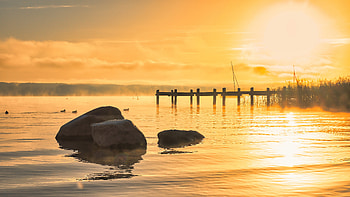 Foggy Morning Golden Hour, nature, hoot, sunrise, sea, stones HD wallpaper