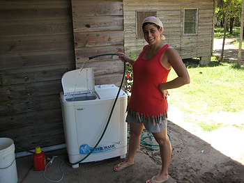 washing machine, dirt, hose, water, woman HD wallpaper