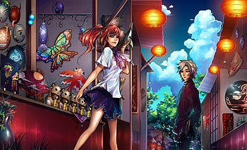 Festival, lanterns, manekineko, couple, masks, school uniform HD wallpaper