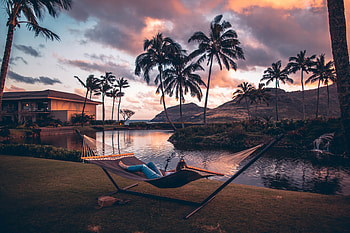 Nature, Mountains, Palms, Lake, Relaxation, Rest, Hammock HD wallpaper
