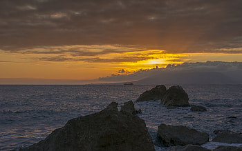 Nature, Sunset, Stones, Waves, Rocks HD wallpaper