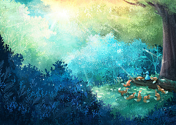 Art, Fox, Forest, Family HD wallpaper