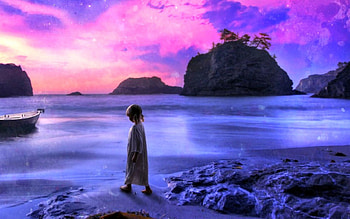 Fantasy, night, blue, boat, sea, girl, dark, summer, purple, pink, water, child, ocean HD wallpaper