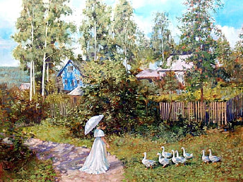 Feeding Time, umbrella, bushes, grass, young girl, houses, dress, walkway, ducks, painting, clouds, trees, sky HD wallpaper
