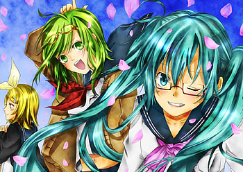 ~Vocaloid~, rin kagamine, anime, hatsune miku, girls, pink petals, vocaloid, gumi, friends HD wallpaper