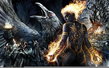 Fantasy girl, raven, black, bird, fantasy, yellow, dungeon siege, fire, dark, girl HD wallpaper