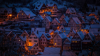 Snow, , Village, Night HD wallpaper