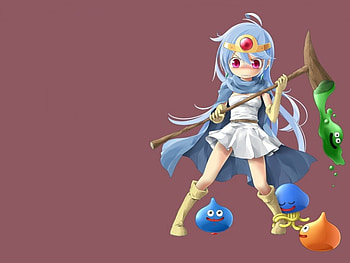Sage vs Slime, staff, nintendo, cute, red eyes, rod, long hair, wand, game, , sage, adorable, warrior, female, plain, blue hair, girl, slime, kawaii, anime girl, simple, snes, anime, video game, rpg, weapon, hammer, dragon quest HD wallpaper