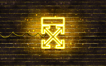 Off-white yellow logo, , yellow brickwall, Off-white logo, brands, Off-white neon logo, Off-white HD wallpaper