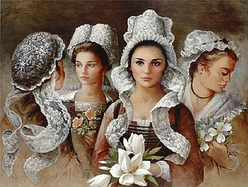Floral Beauties, painting, caps, dresses, women, flowers, lace, beauties HD wallpaper