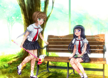 Sakura x Tomoyo, card captor sakura, tomoyo daidouji, uniform, school uniform, long hair, nice, tomoyo, kinomoto sakura, short hair, , cardcaptor sakura, female, friends, bench, skirt, sakura kinomoto, sweet, girl, magical girl, black hair, anime girl, anime, pretty, sakura, miniskirt, brown hair, daidouji tomoyo, lovely HD wallpaper