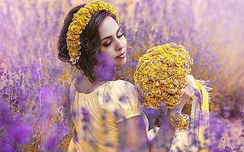 Beauty, bouquet, suit, brunette, ribbon, girl, summer, field, flowers, wreath HD wallpaper