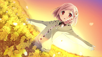 Your diary, game cg, yua, short hair, flowers, kantoku, pink hair, sunset HD wallpaper
