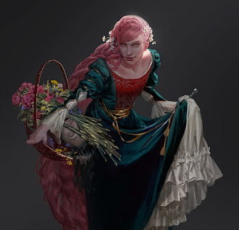 Fantasy girl, basket, black, pink, fantasy, erion makuo, flower, girl, hair HD wallpaper