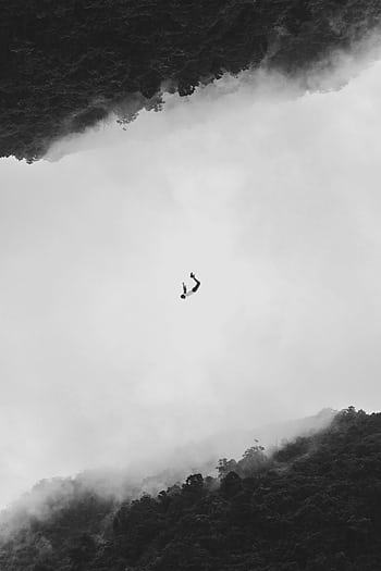 Silhouetted person mid-air against a fog and forest backdrop in Shiding District, Taiwan. HD phone wallpaper