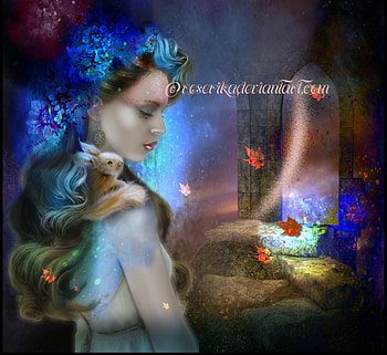 ~Blue in the Night~, night, blue, emotional, plants, cute, colors, digital art, butterflies, lady, animals, trees, lips, female, rabbit, sweet, fall, eyes, beautiful, Autumn, bunny, leaves, fantasy, pretty, manipulation, cool, face, models, girls, flowers, women, lovely, hair HD wallpaper