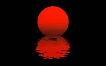 red moon, sea, fisherman silhouette, boat, reflection, moon minimalism, moon HD wallpaper