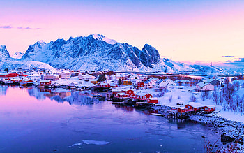 Sunrise Over The Fishing Village Of Reine In Winter, Lofoten Islands, Norway, sea, colors, clouds, sky, houses, water, mountains, reflections, snow HD wallpaper