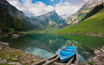Mountain River, boat, pine trees, clouds, mountains, reflections HD wallpaper