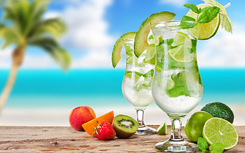 Cocktails, summer, cocktail, green, red, fruit, glass, drink, vara HD wallpaper