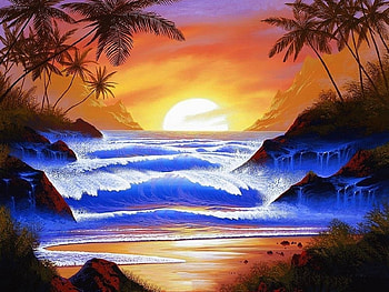 Golden Glow, sea, beaches, attractions in dreams, paradise, paintings, sunrise, summer, love four seasons, nature, palm trees HD wallpaper