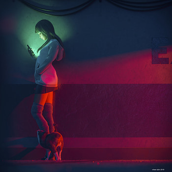 Art, Cat, Illumination, Girl, Lighting, Tele HD phone wallpaper