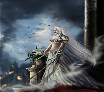 Elf Hero, birds, sword, city, blood, elf, female HD wallpaper