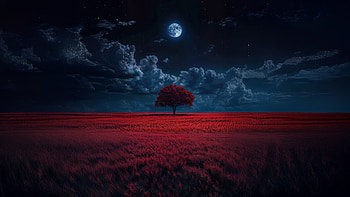 Midnight Serenity In Ruby Meadows, tree, moon, field, red, sky, artist, artwork, art, digital-art, ai HD wallpaper